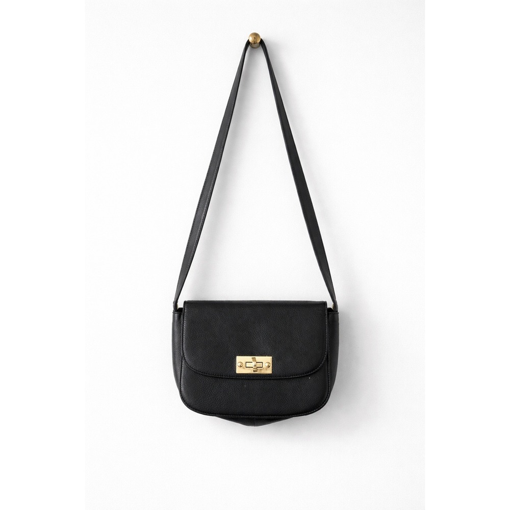 Black Faux Leather Crossbody Bag Gold Tone Turn Lock Flap Shoulder Bag Women - Picture 1 of 14